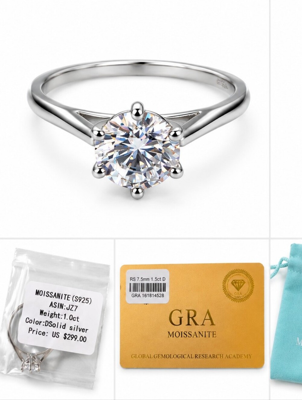 1.5 Ct S925 Sterline Silver S-9 MOISSANNITE Round-Cut Solitaire Ring CERTIFIED